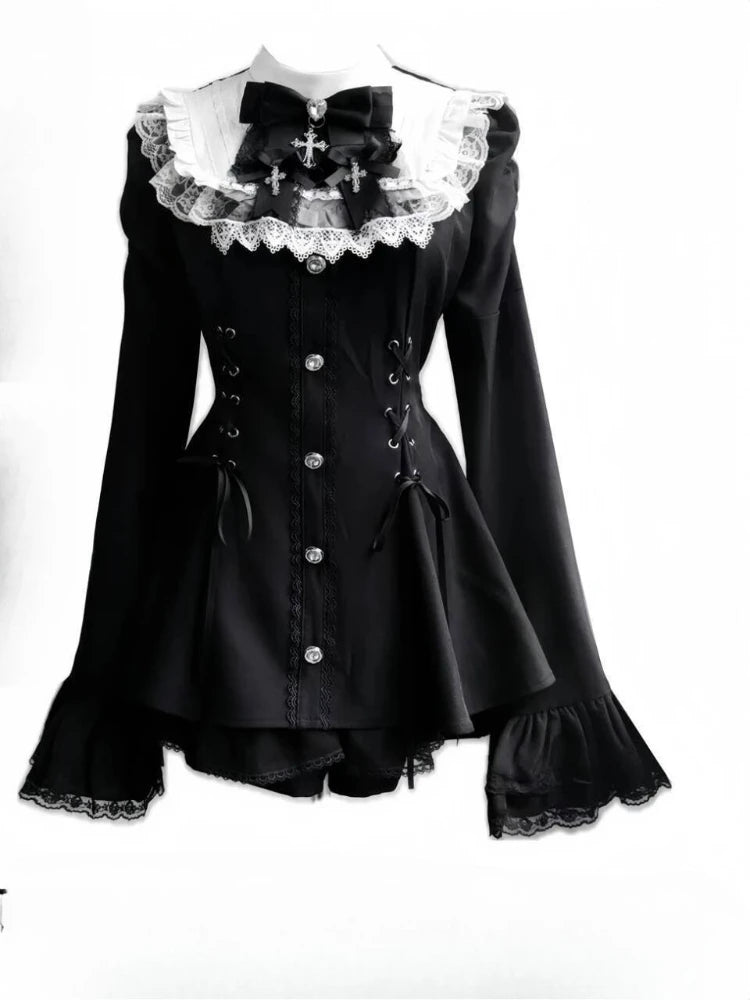 Japanese Sweet Style Bow Dress Shorts Set Women Sweet Long Sleeve Plaid Shirt Dresses Kawaii Lolita Aesthetics Y2k Dress Sets