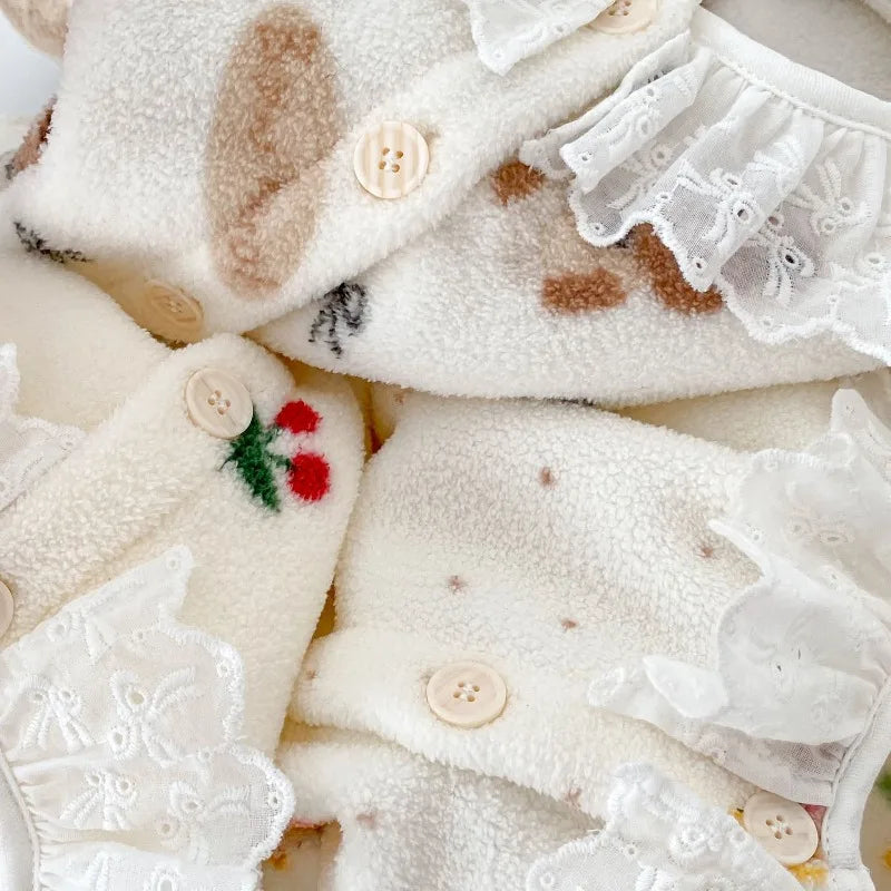 Completo pigiama invernale per bambina, 2 pezzi, caldo pile con bordo in pizzo, maglia a maniche lunghe e pantaloni, grazioso completo per la casa, abbigliamento casual per Natale