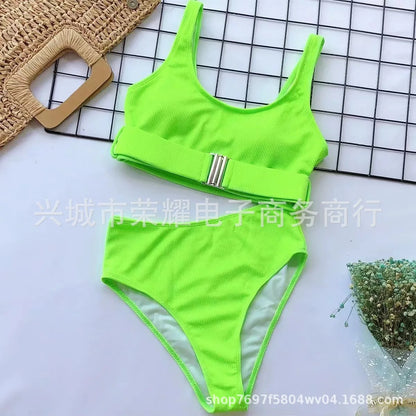 High Waist Bikini Pure Color Stripe Two-Piece Swimsuit Belly Cover Button Insert New Model Hot Sale Of The Season Women's Swimwe