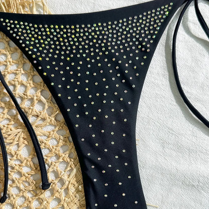 2025 New Fashion Sexy Bikini Set Rhinestone Embroidery Women's Knot Design Two-Piece Swimsuit Pure Color Running Dance Swimming