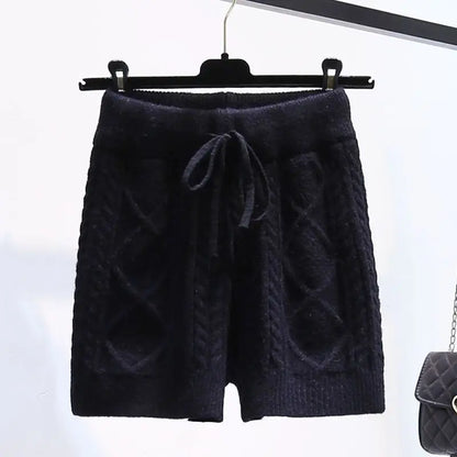 Autumn Elastic Woman Wrap Hip Knit Shorts Hot Sweet High Waist Twist Thick Outwear Shorts Casual Straight Striped Home Shorts