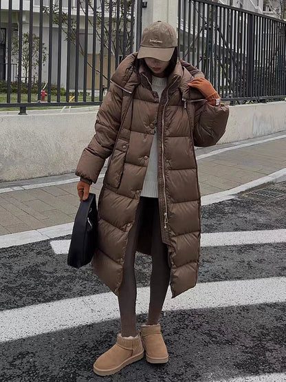 Winter Thicken Long Hooded Down Jacket Women White Duck Down Parker Knee Length Jackets Female Warm Zipper Waterproof Outwears