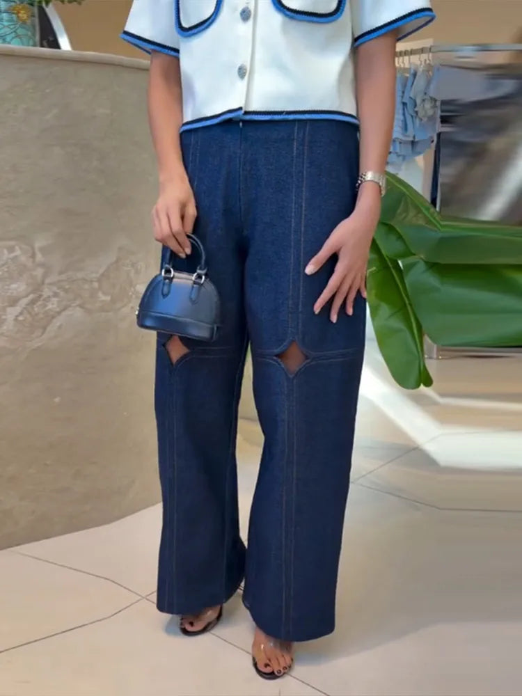 2026 Spring New Solid Hollow Out Long Pants For Women Elegant High Waist Wide Leg Trousers Female Street Casual Y2k Chic Pants