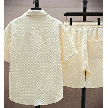 Completo da uomo di alta qualità in seta ghiaccio a quadri, composto da camicia a maniche corte con risvolto e pantaloncini, due pezzi per uomo, abbigliamento casual oversize di lusso coreano.