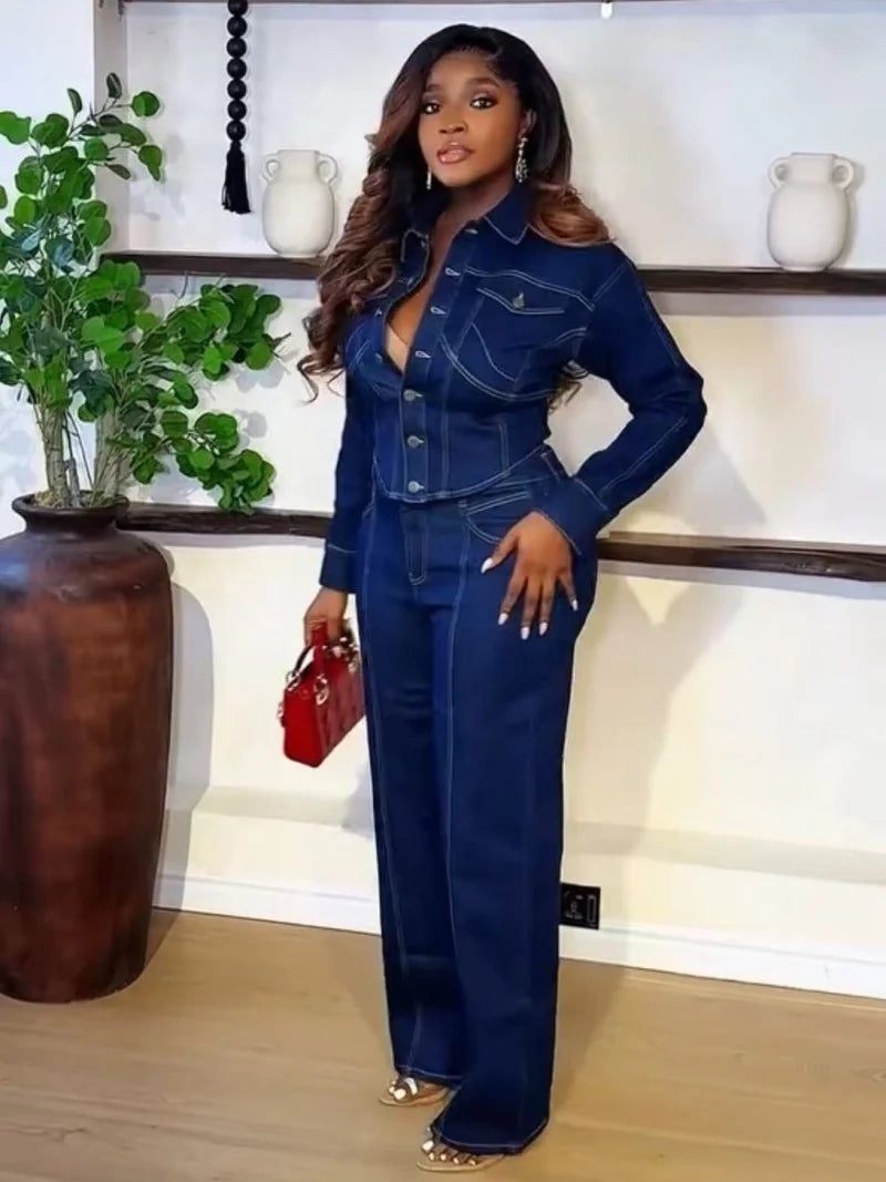 Streetwear Denim 2 pezzi Set da donna Outfit Abbigliamento autunnale Donna Jeans Camicia Top e jeans dritti Pantaloni Set Tute casual