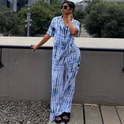 Women Two Piece Sets Pant Set Turn Down Collar Short Sleeve Shirt Wide Leg Long Pants Elastic Waist Y2k Streetwear Casual Loose