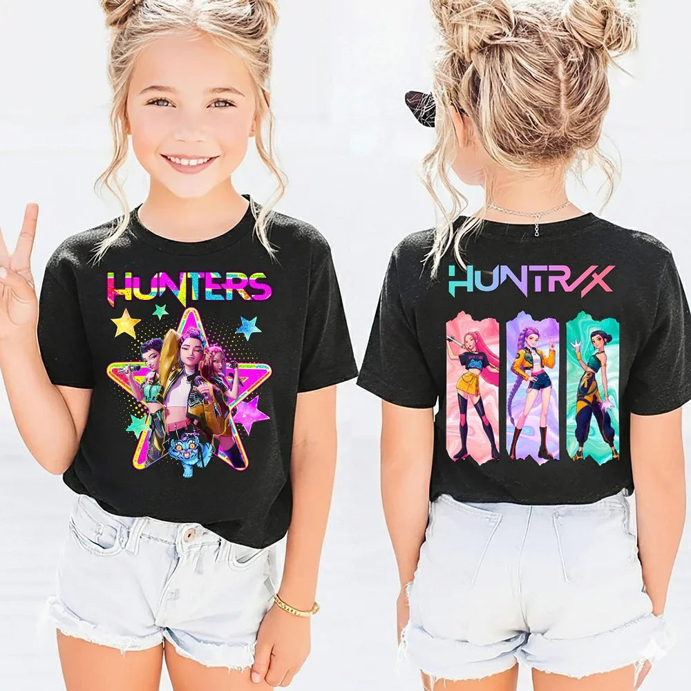 T-shirt per bambini in puro cotone con stampa fronte-retro a tema K-Pop "Demon Hunters" di HUNTRX, un vero successo di vendite.