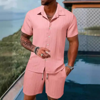 Completo estivo da uomo europeo e americano, casual, ampio, con camicia e pantaloncini, ad asciugatura rapida e traspirante, perfetto per le vacanze.