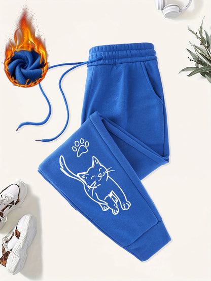 Cute Cat And Paw Print Prints Sweatpants Women Basics Jogger Pants Comfortable Fleece Loose Trousers Autumn Winter Woman Clothes