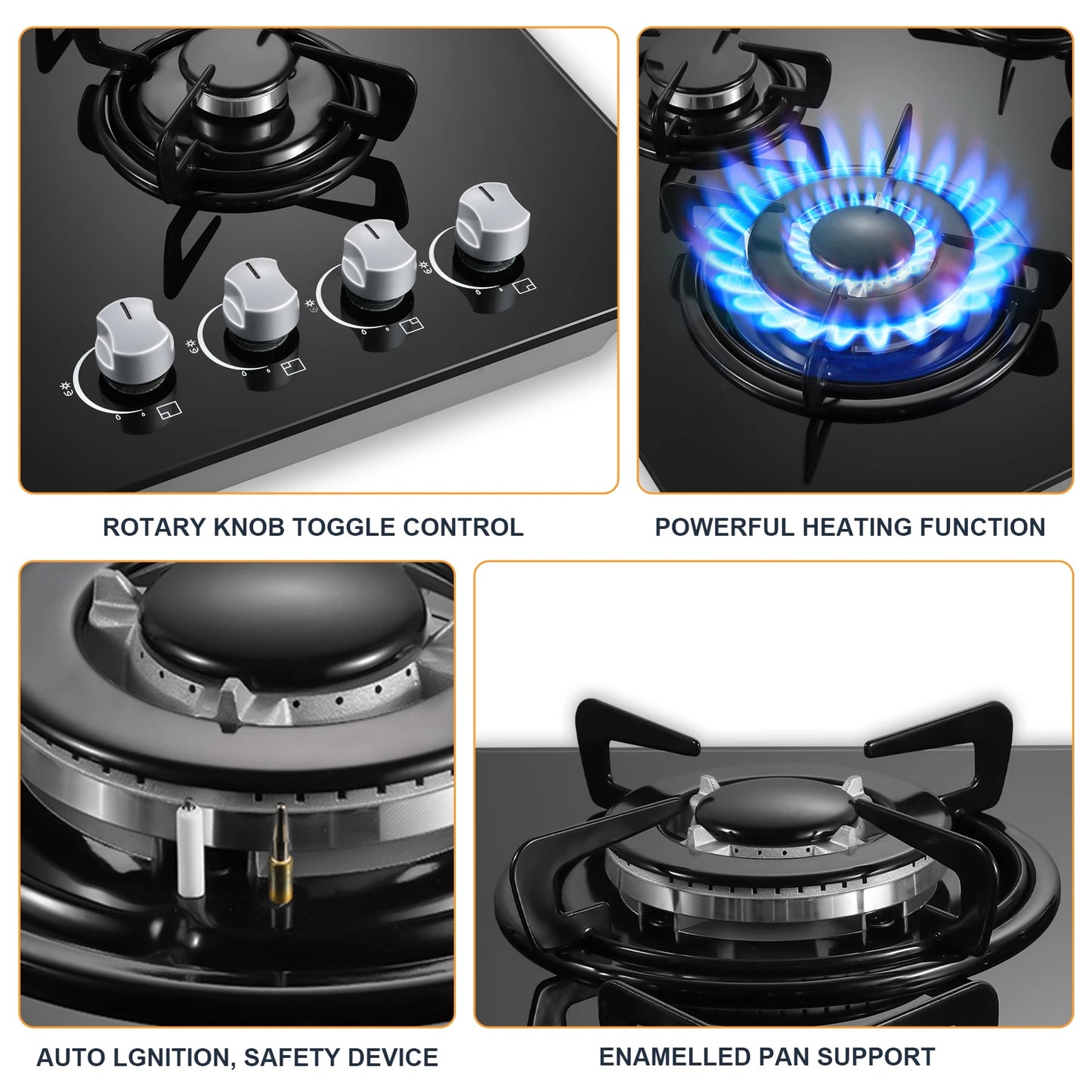 Piano cottura a gas da 60 cm a 4 fuochi, piano cottura in vetro nero resistente con protezione termocoppia, piano cottura da incasso a doppia alimentazione (GN/GPL) da 8060 W