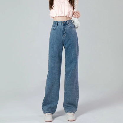 Jeans snellenti a vita alta e gamba larga da donna, modello ampio e comodo, nuova versione coreana, pantaloni lunghi fino al pavimento con gamba dritta e drappeggio.