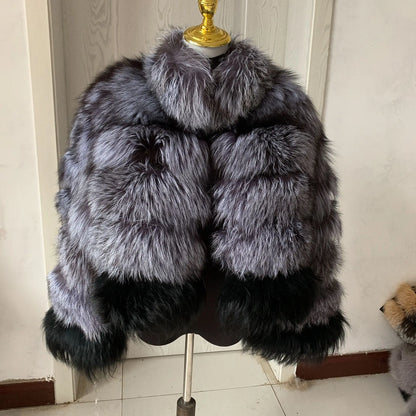 Nuovo cappotto invernale in pelliccia naturale da donna alla moda, con collo misto in volpe argentata, di alta qualità, in vera pelliccia, di lusso da donna