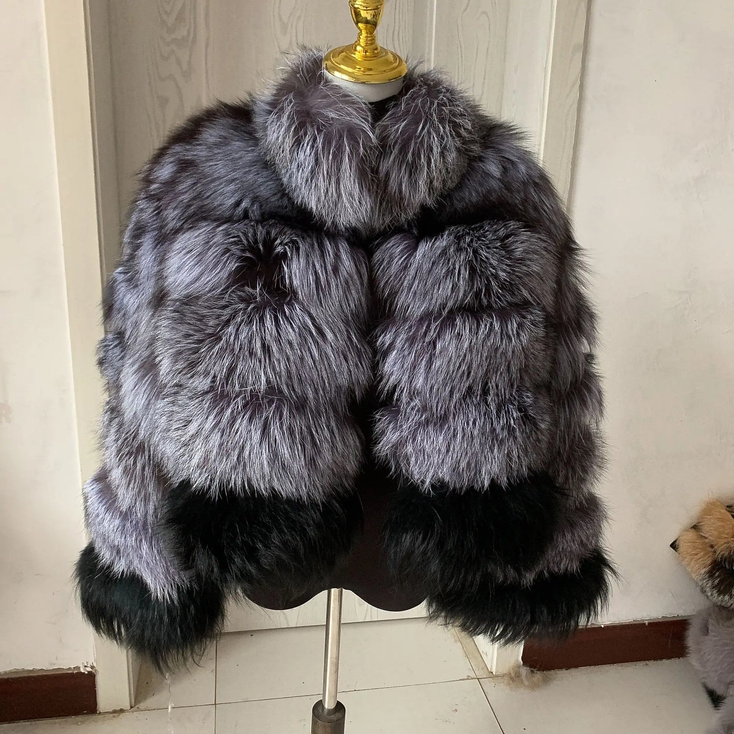 Nuovo cappotto invernale in pelliccia naturale da donna alla moda, con collo misto in volpe argentata, di alta qualità, in vera pelliccia, di lusso da donna