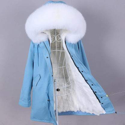 Maomaokong 2022 Giacca invernale da donna Parka lungo Impermeabile Grande pelliccia di volpe naturale vera Collo di pelliccia di procione Cappuccio Fodera in caldo coniglio