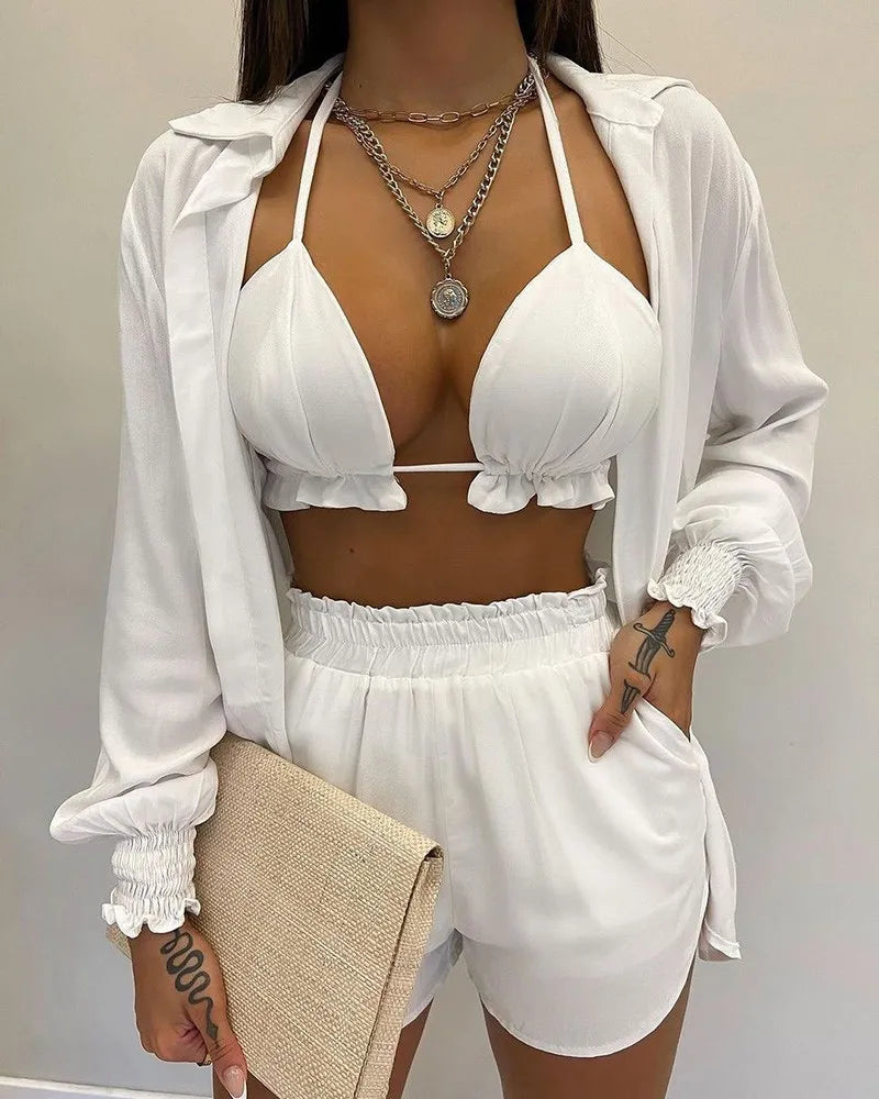 Three Pieces Swimwear Sexy Beachwear 2024 New Bathing Suit Shorts Cover Up Summer High Waist Bikini Set Print Women's Swimsuit