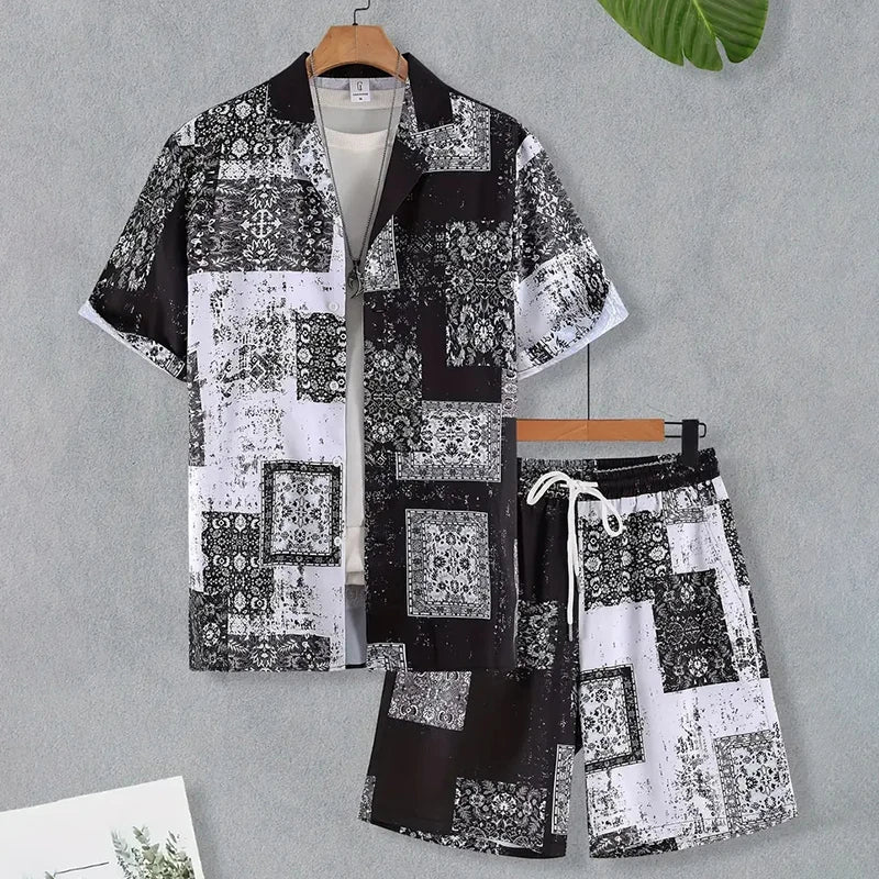 Completo da uomo per vacanze al mare alle Hawaii, composto da camicia a maniche corte e pantaloncini, con stampa paisley, traspirante e alla moda, ideale per feste.