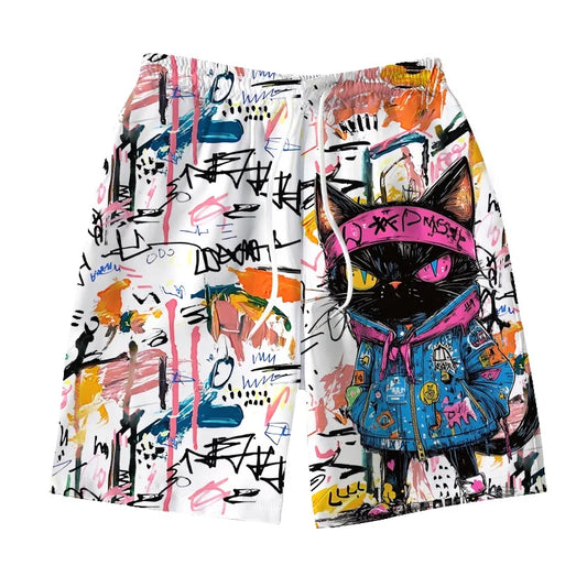 Pantaloncini da uomo con stampa 3D di gatto graffiti colorato, simpatici pantaloncini da spiaggia con motivo animale, estivi, casual, traspiranti, ideali per la città.