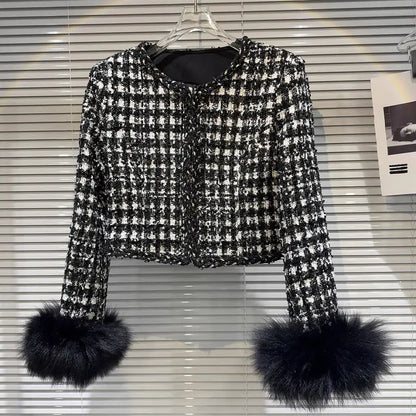 Chic Sequins Coarse Tweed Quilt Liner Plaids Blazer Jacket Checked Cotton Padded Coat OL Faux Fur Cuff Cardigan Long Sleeve Tops