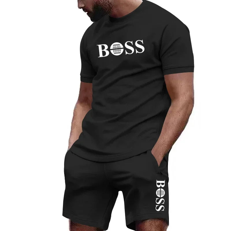 Completo sportivo da uomo a due pezzi con t-shirt a maniche corte e pantaloni, ideale per corsa e fitness, collezione estate 2026 con grandi sconti.