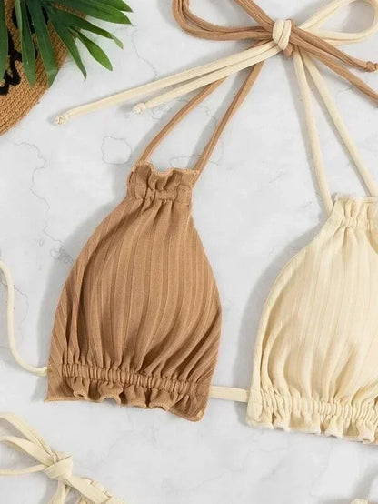 2026 Bikini sexy da donna, costume da bagno con coulisse, patchwork, ascelle a righe, doppie spalline, bikini all'americana, set da spiaggia, costume da bagno