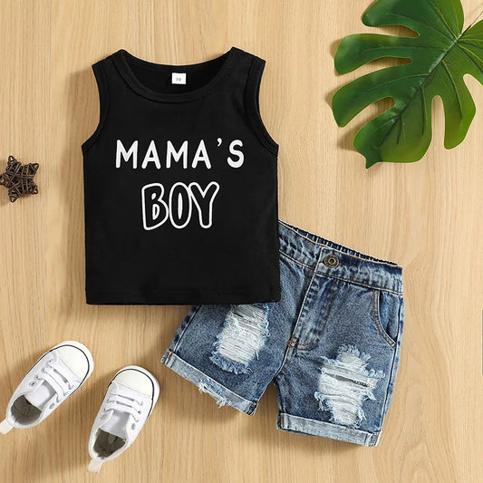 Completo estivo casual per neonati da 0 a 3 anni, composto da canotta con stampa di lettere e pantaloncini in denim strappati. Ideale per bambini piccoli.
