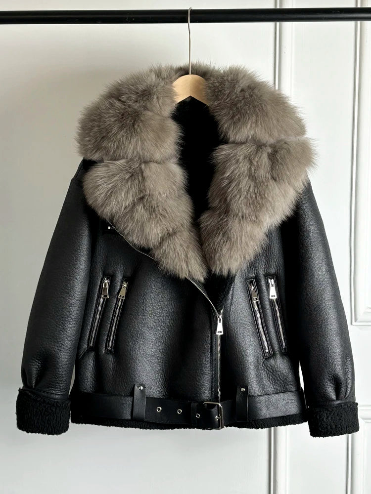 Janveny 2024 Winter Fake Leather Coat Real Natural Fox Fur Collar Cuff Women Thick Warm Large Lapel Fur Lining Leather Jacket