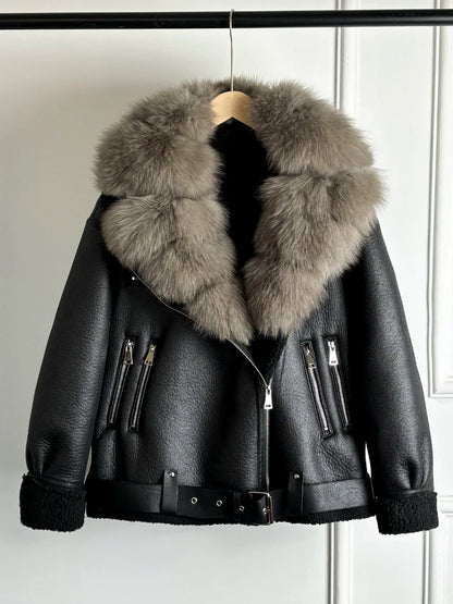 Janveny 2024 Winter Fake Leather Coat Real Natural Fox Fur Collar Cuff Women Thick Warm Large Lapel Fur Lining Leather Jacket