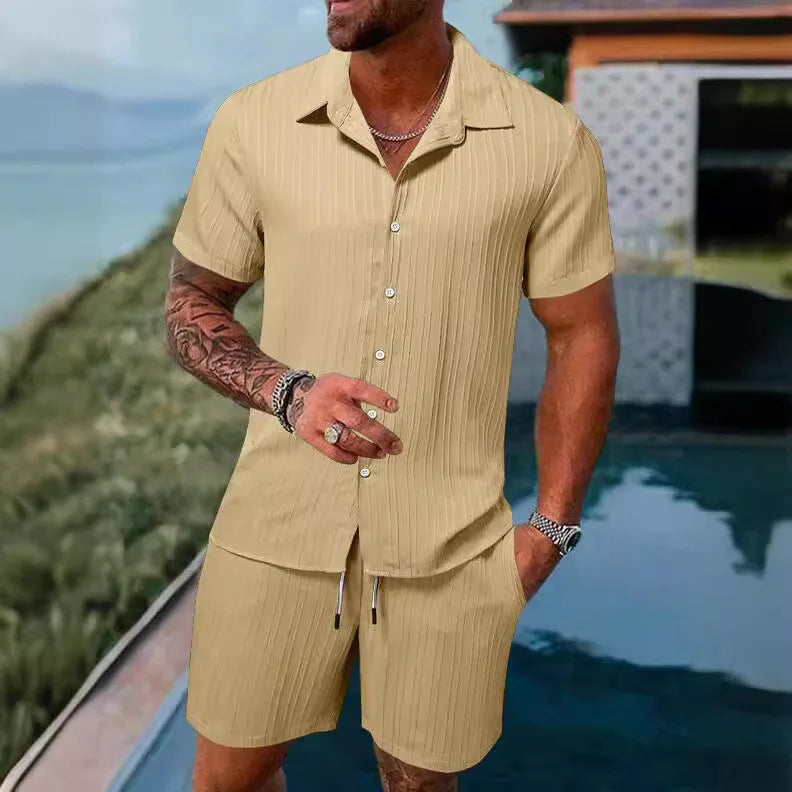 Completo estivo da uomo europeo e americano, casual, ampio, con camicia e pantaloncini, ad asciugatura rapida e traspirante, perfetto per le vacanze.