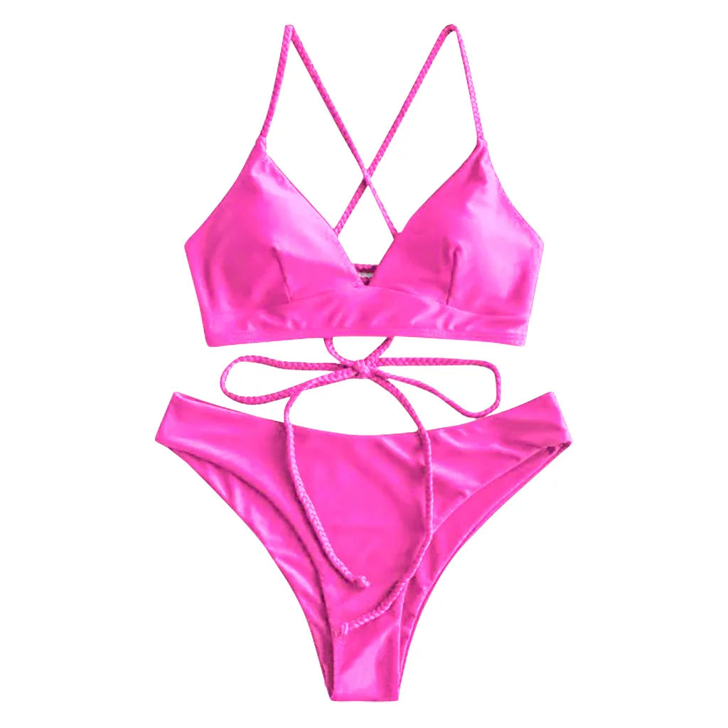 Melphieer 2025 Nuovo Bikini con spalline intrecciate rosso vino, set bikini brasiliano con schiena incrociata, costume da bagno da donna