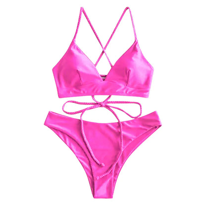 Melphieer 2025 Nuovo Bikini con spalline intrecciate rosso vino, set bikini brasiliano con schiena incrociata, costume da bagno da donna