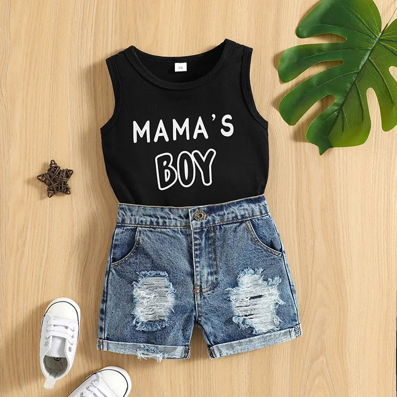 Completo estivo casual per neonati da 0 a 3 anni, composto da canotta con stampa di lettere e pantaloncini in denim strappati. Ideale per bambini piccoli.