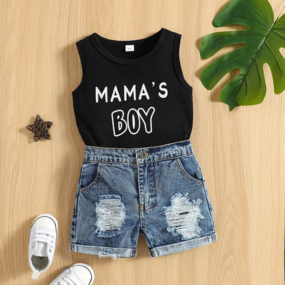 Completo estivo casual per neonati da 0 a 3 anni, composto da canotta con stampa di lettere e pantaloncini in denim strappati. Ideale per bambini piccoli.
