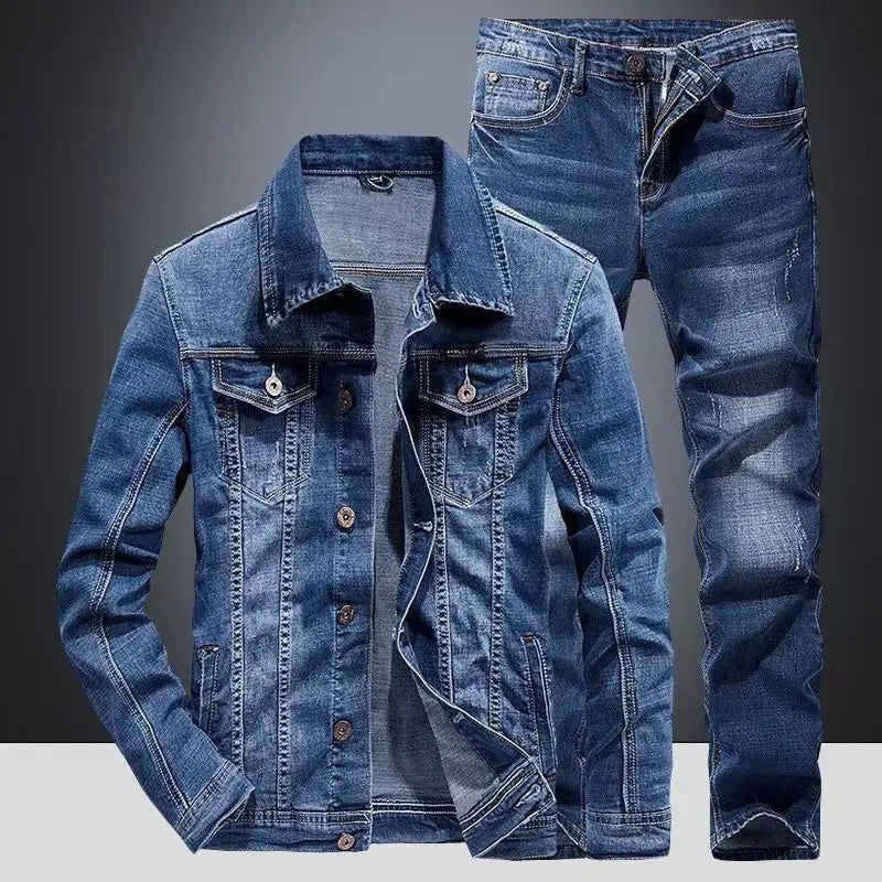 Completo primavera autunno con giacca e jeans in denim americano, jeans classici da cowboy, completi due pezzi alla moda, capospalla versatile, cappotto casual
