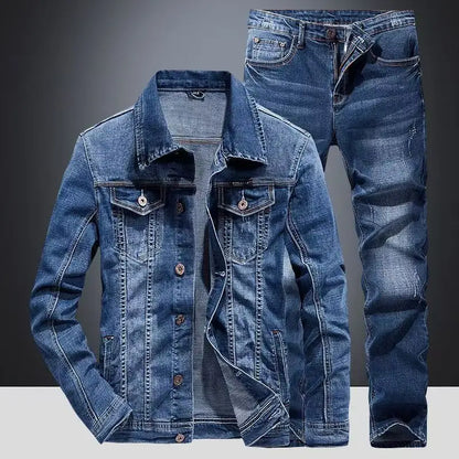 Completo primavera autunno con giacca e jeans in denim americano, jeans classici da cowboy, completi due pezzi alla moda, capospalla versatile, cappotto casual