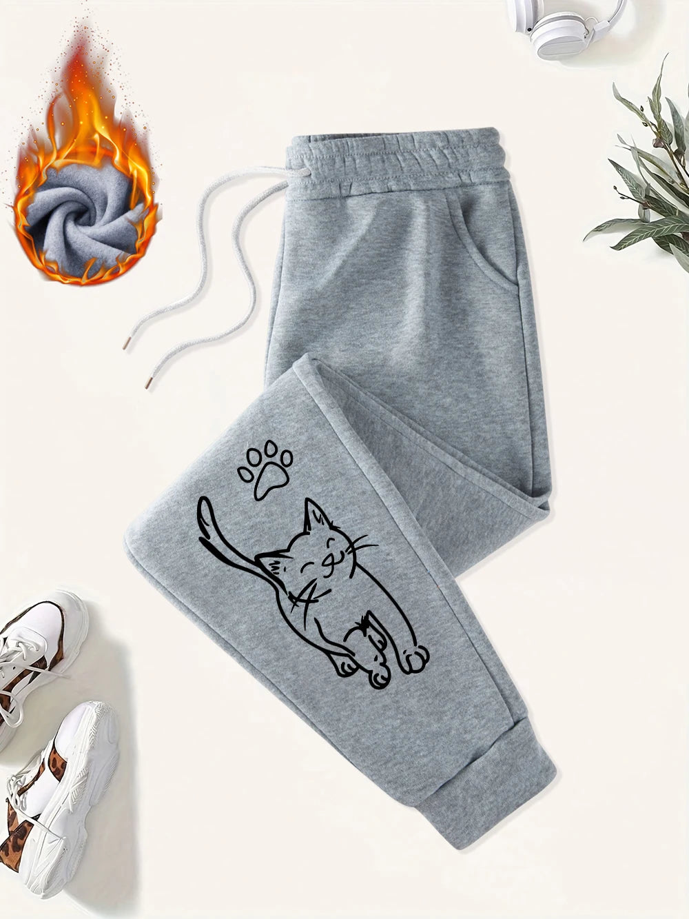 Cute Cat And Paw Print Prints Sweatpants Women Basics Jogger Pants Comfortable Fleece Loose Trousers Autumn Winter Woman Clothes
