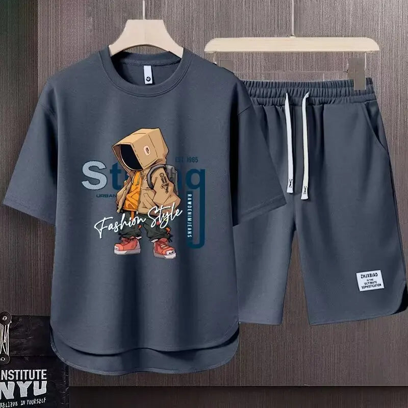 Completo estivo da uomo color kaki, stile americano, con t-shirt e pantaloncini stampati a cartoni animati, set di 2 pezzi, maglia a nido d'ape traspirante, abbigliamento sportivo da uomo.