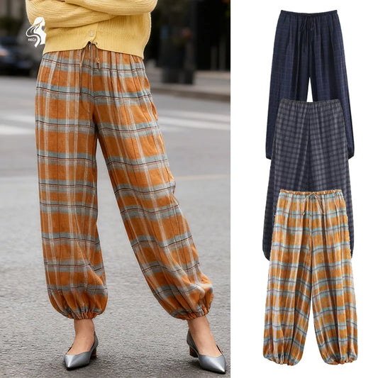 Trendy Plaid Lantern Drawstring Casual Pants Loose Fit With Drawstring Versatile Womens Everyday Workwear Pants Trafizaran