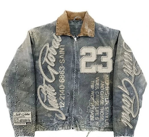 Giacca in denim lavato stile streetwear Y2K, abbigliamento uomo e donna, hip hop, toppa grafica con lettere, ricamo, giacca blu oversize, cappotto casual