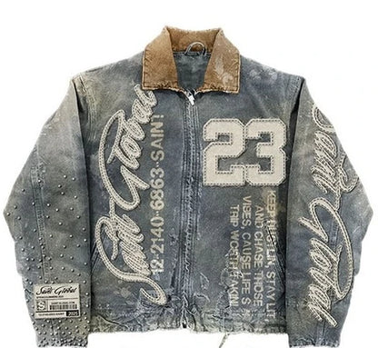 Giacca in denim lavato stile streetwear Y2K, abbigliamento uomo e donna, hip hop, toppa grafica con lettere, ricamo, giacca blu oversize, cappotto casual