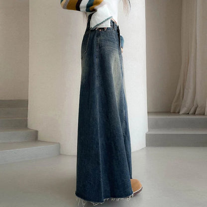 Vinatge A Line Denim Long Skirts Women 2026 Spring High Waist Midi Jeans Skirt Woman Korean Streetwear Loose Skirts Female