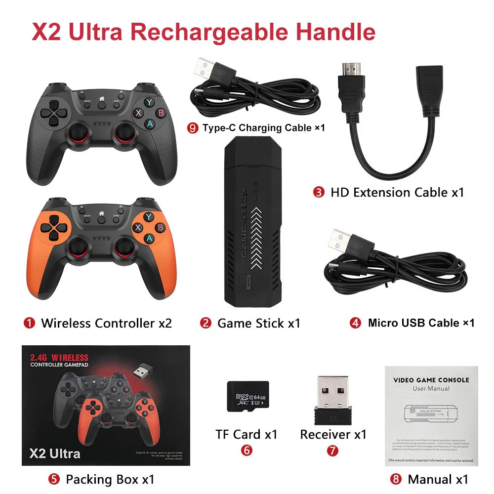X2 Ultra Pro Retro Game Stick 64GB/128GB Console di gioco portatile con video 4K e controller wireless, compatibile con i formati di gioco FC e GBC.