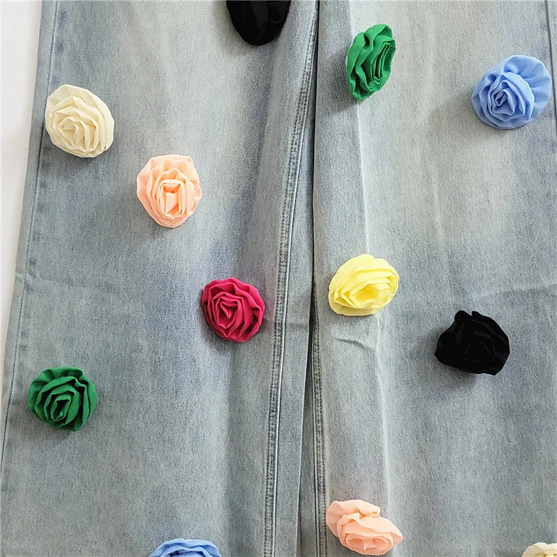 DEAT 2024 Autumn Fashion New Items Flower Sequin Decoration Jeans For Women High Waist Straight Wide Legs Denim Pants 11A0521