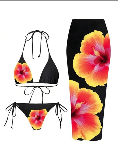 Sexy Print Three-piece Swimsuit Set Charms Lilies Limited Edition Bikini Set Attractiveness Sensuality Fashionable Women's Wear