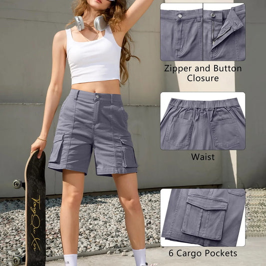 Pantaloncini cargo da donna vintage a vita bassa elasticizzati, estivi, casual, tinta unita, salopette corta con tasche per lo sport