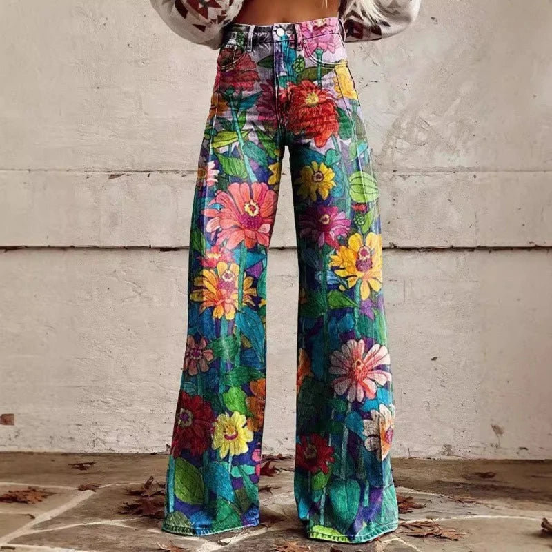 Cross-border Sale of Large-sized Women Casual Pants for European American Trade Thin Style Imitating copy Jeans Wide-leg Fashion