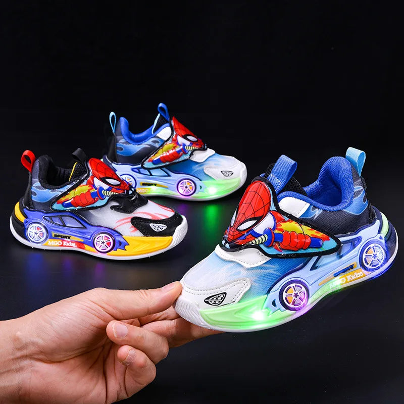 Scarpe casual per bambini con luci LED, motivo cartoni animati, in mesh, autunnali, per sport all'aria aperta, traspiranti e antiscivolo, nere e blu, taglie 21-30.