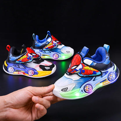 Scarpe casual per bambini con luci LED, motivo cartoni animati, in mesh, autunnali, per sport all'aria aperta, traspiranti e antiscivolo, nere e blu, taglie 21-30.