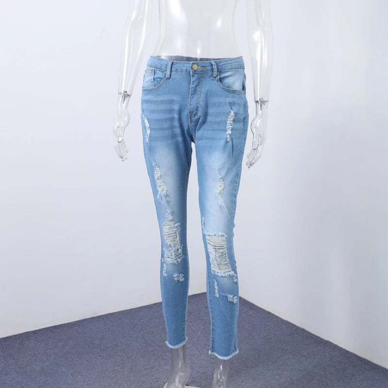 Jeans da donna strappati, aderenti, a vita bassa, skinny, con cerniera e tasche, pantaloni in denim blu da donna, modello Y2K 2026, estivi, con buchi e cropped.