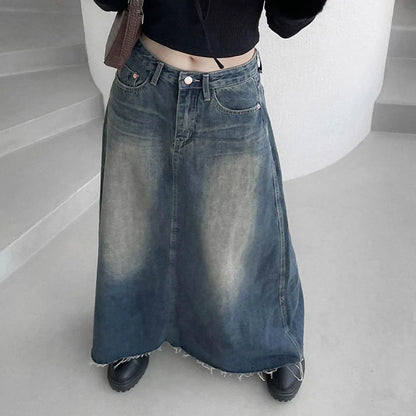 Vinatge A Line Denim Long Skirts Women 2026 Spring High Waist Midi Jeans Skirt Woman Korean Streetwear Loose Skirts Female