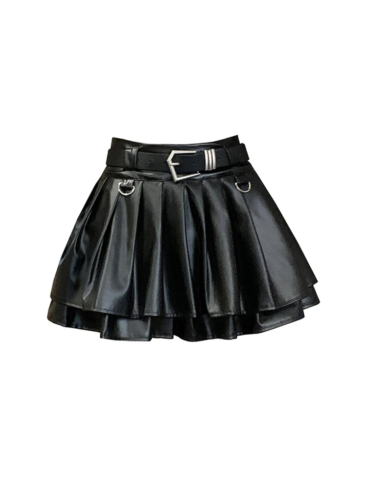 Gonna da donna nera a trapezio in pelle, stile vintage, estetica Y2k, gonna a pieghe, Harajuku, gotica coreana, minigonna, emo, abbigliamento estivo anni 2000.
